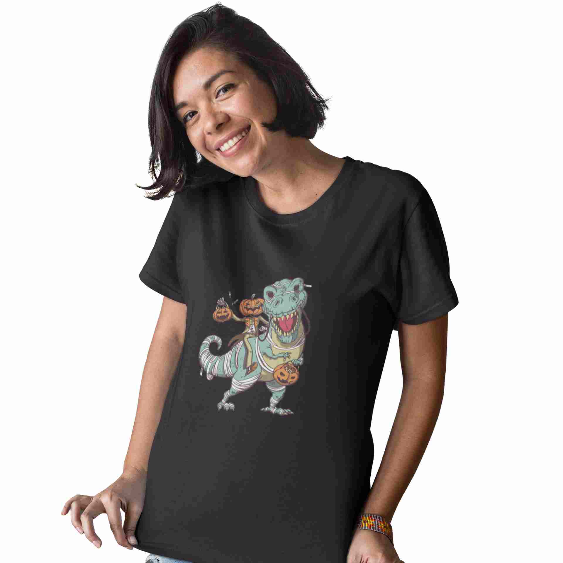 Camiseta Mujer Halloween Dinosaurio y Calabaza